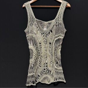 Two-Tone Crochet Open Knit Tank Charcoal Grey Ivory Boho Y2K
